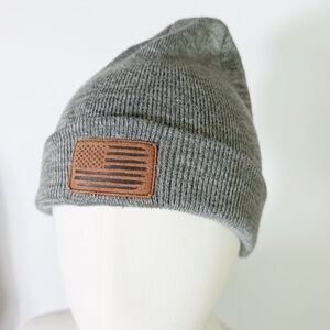 Charcoal grey Knit Beanie with distressed American Flag Leather Patch